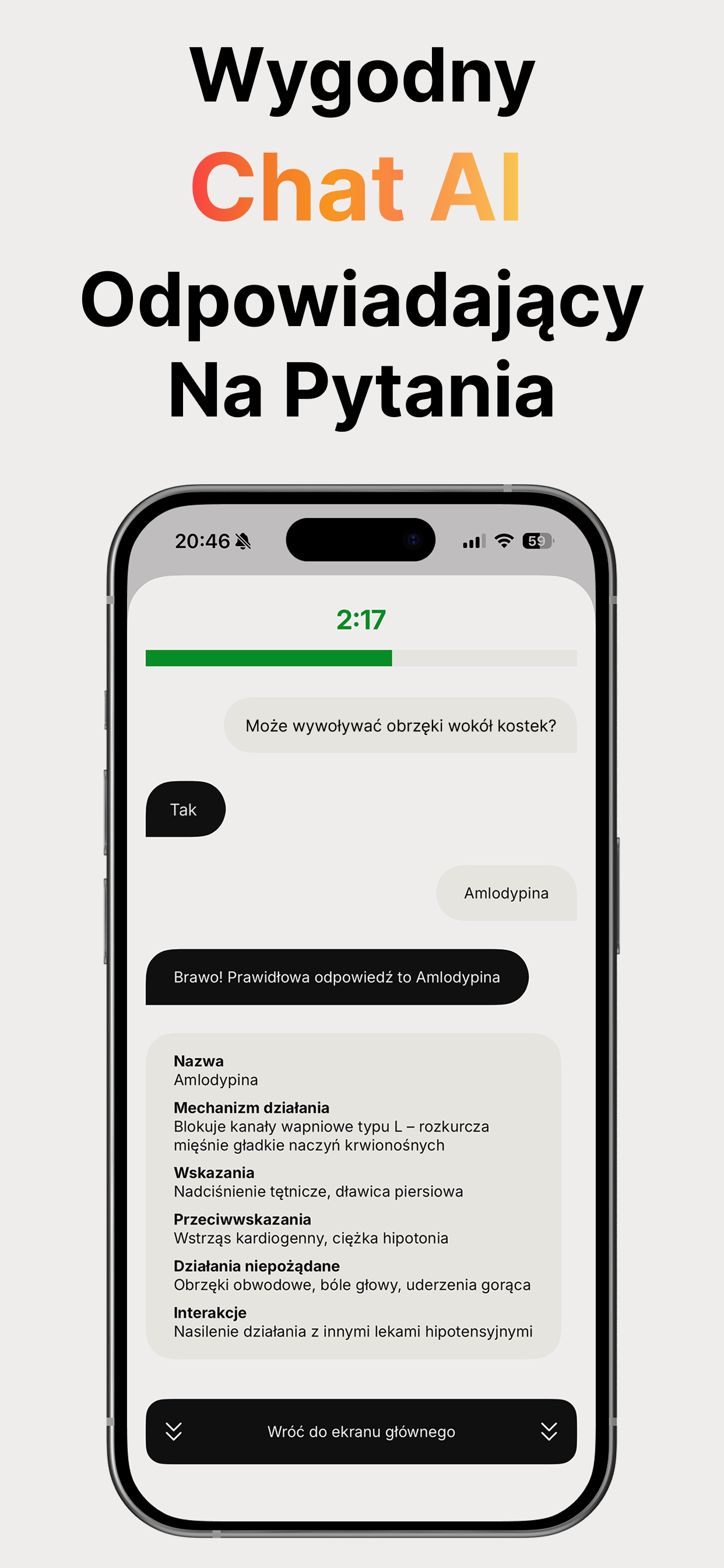 Ekran rozmowy z AI w aplikacji MedQuiz